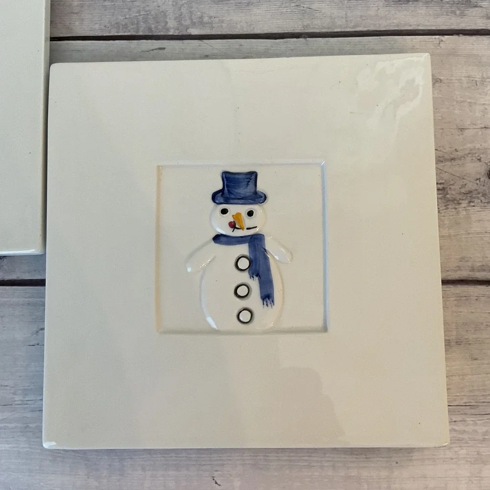 Crate‎ & Barrel Snowman Trivet Set 2 Ceramic 8in Square Italy Stefani Ceramica